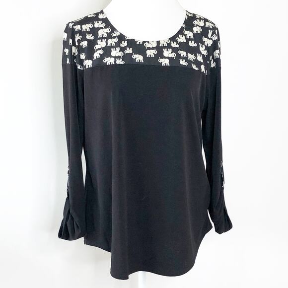 NY Collection Large Black Top Elephant Novelty Print Knit Tab Sleeve - Picture 1 of 7